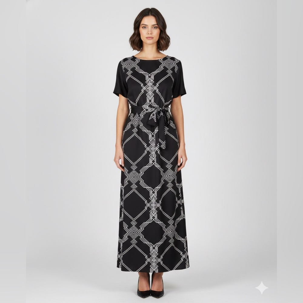 Chic Black and White Patterned Maxi Dress w/ Tie Belt